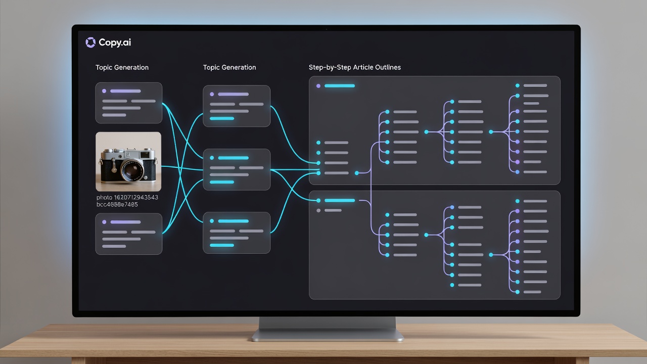 Copy.ai blogging workflow builder interface rendering step-by-step article outlines and topic generation