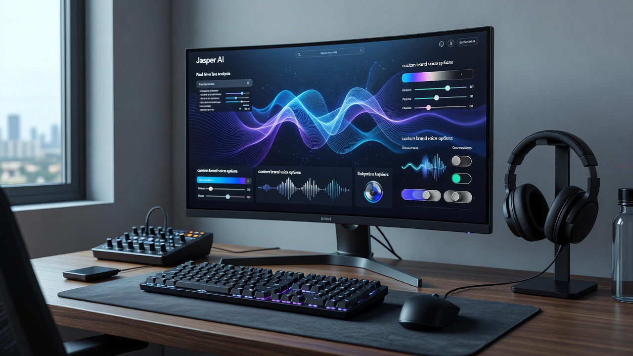 Detailed view of Jasper AI blogging workstation displaying real-time text analysis and custom brand voice options