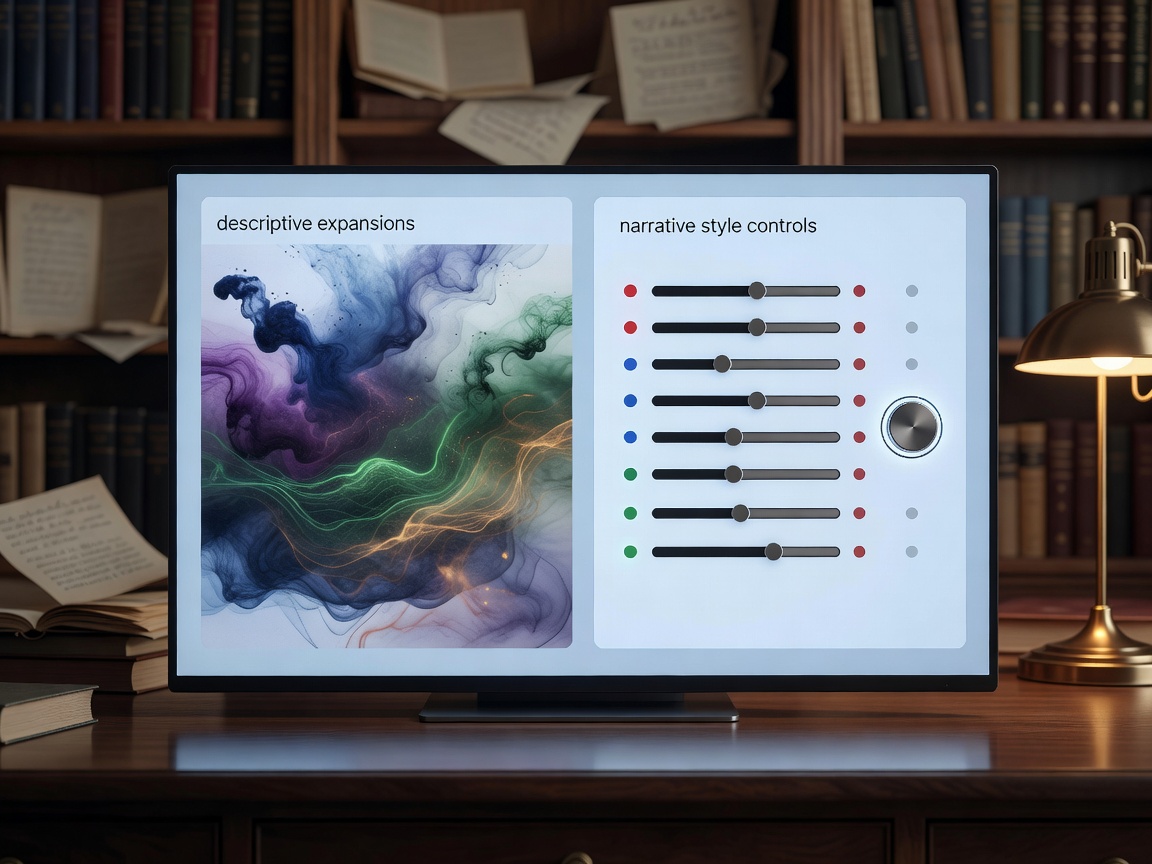 Sudowrite creative writing engine showing descriptive expansions and narrative style controls