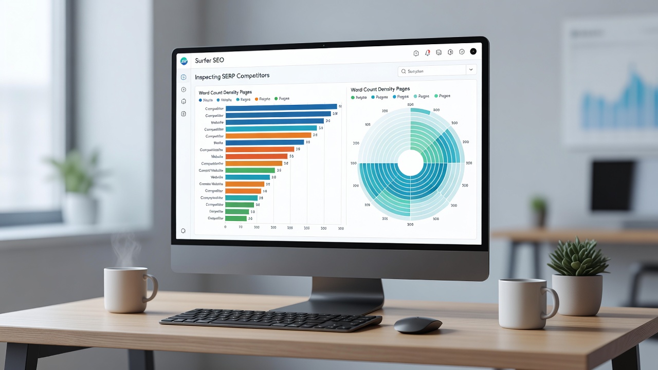 Surfer SEO analytical platform inspecting SERP competitors and word count density indicators